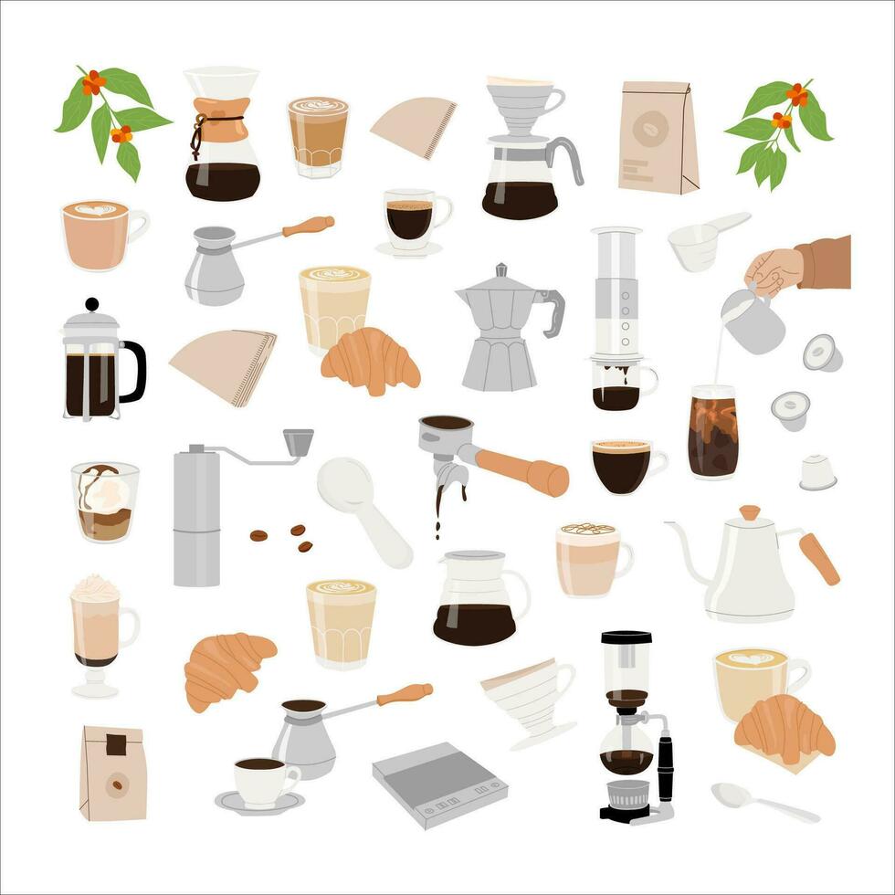 Different types of coffee trendy graphics. Manual alternative coffee brewing methods and tools hand drawn elements. Vector minimalist flat style set of isolated illustration for cafe menu.