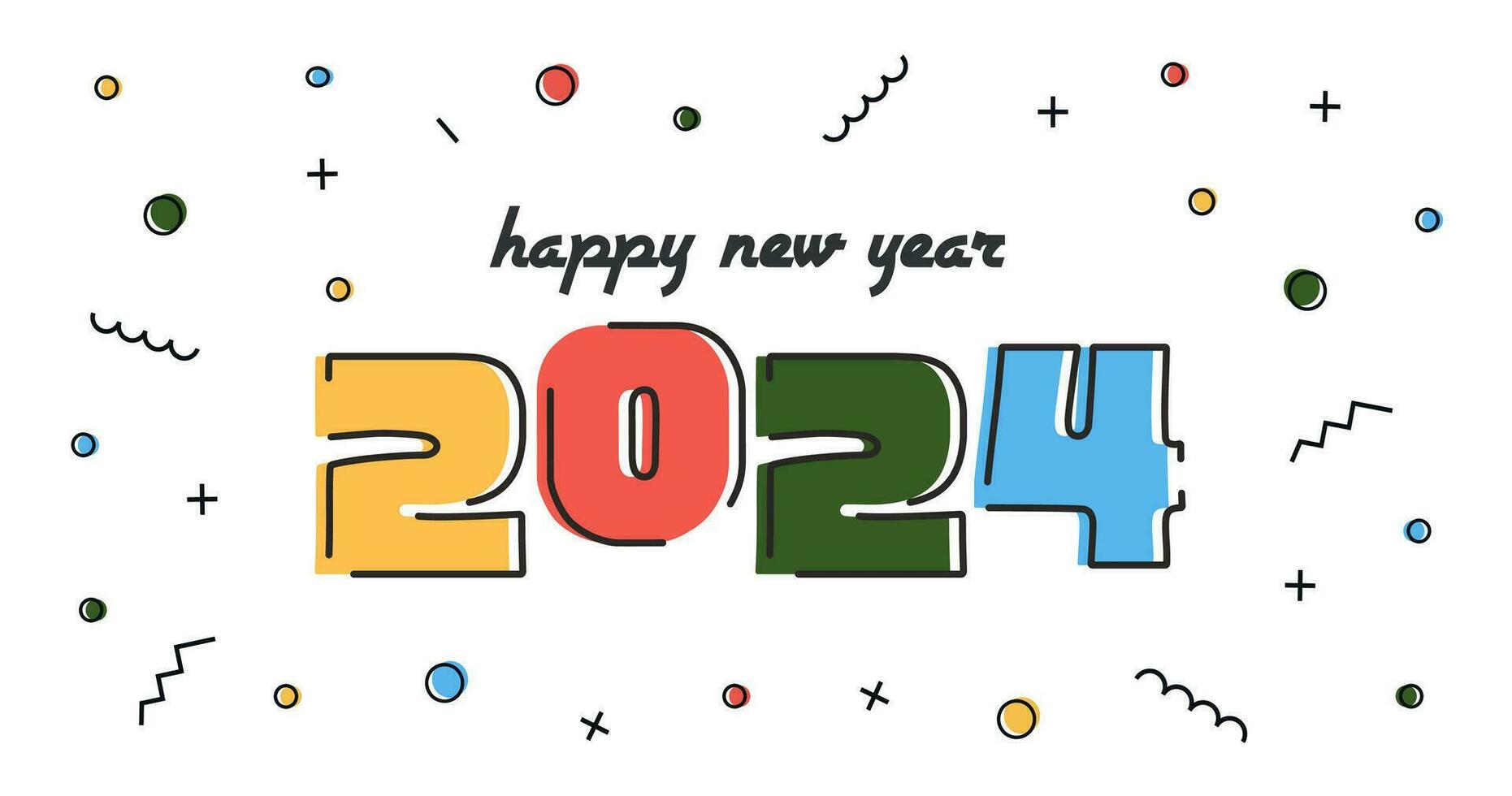 2024 Happy New Year poster. HNY and Merry Christmas horizontal banner with colorful numbers and abstract geometric pattern. Celebration and holiday event in retro style. Vector illustration.