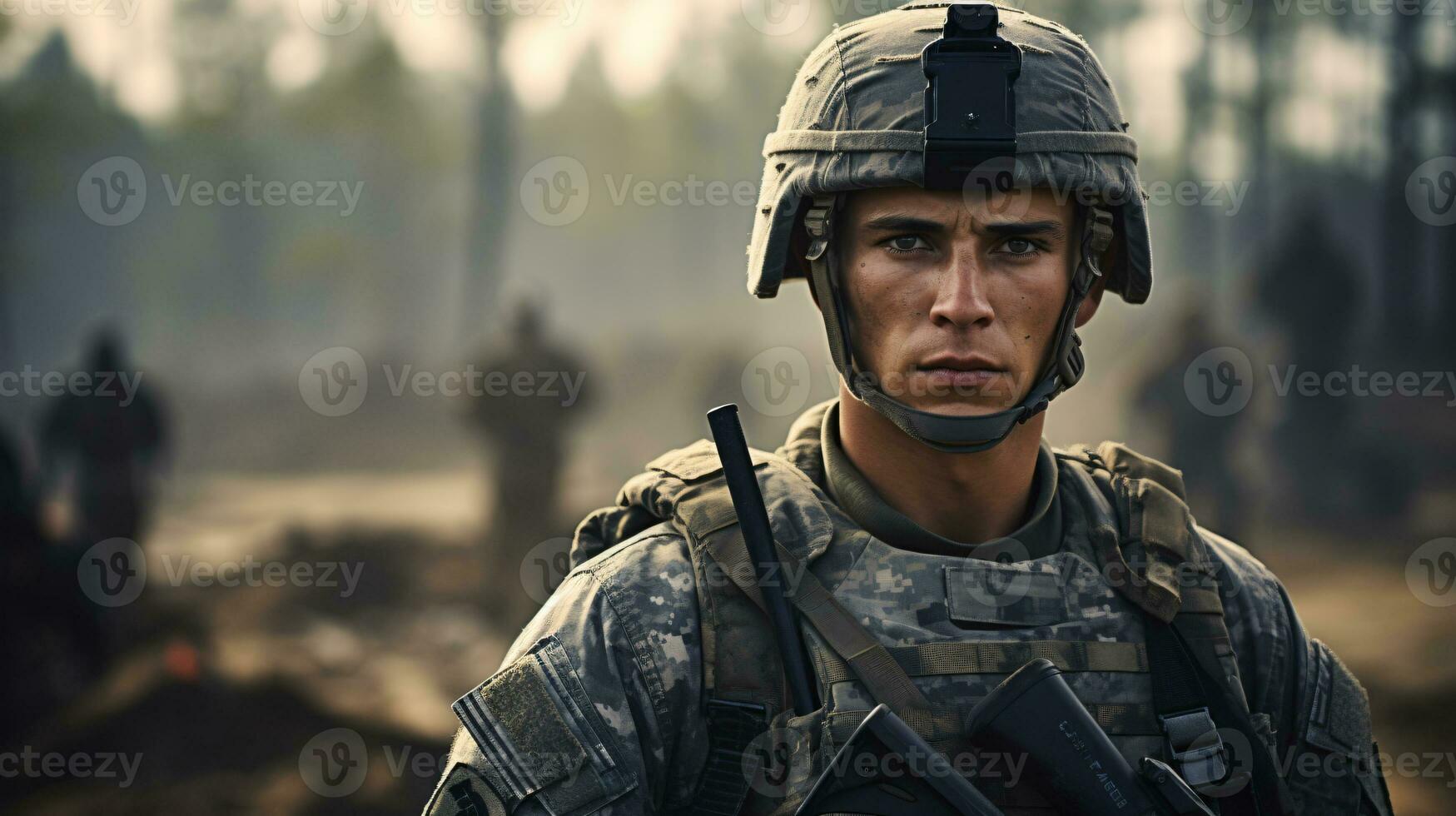 ai generado retrato de un soldado en un guerra foto