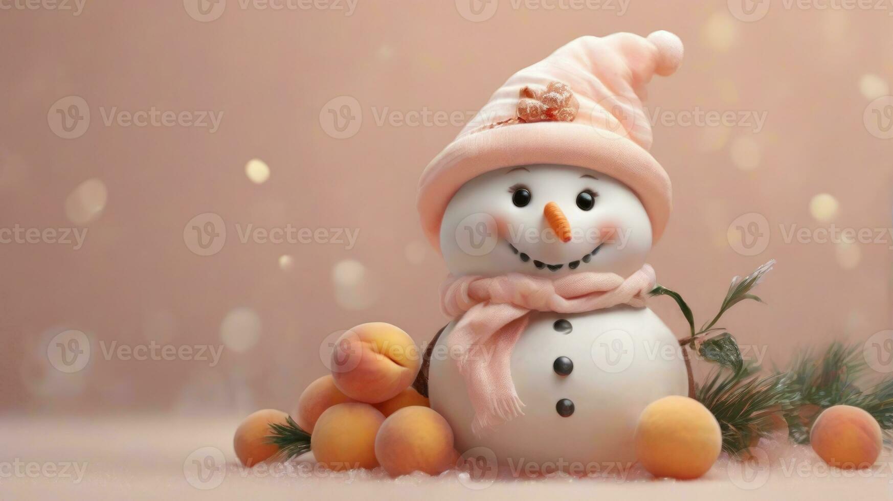 AI generated horizontal banner, cute snowman in a Christmas hat, Christmas decorations, trendy shade, peach fuzz, pantone color of the year photo