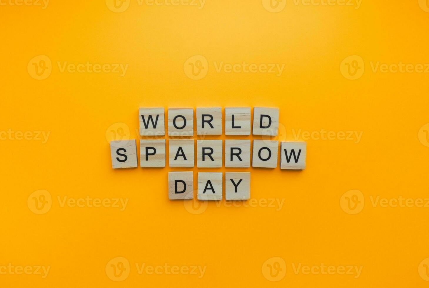 On March 20, World Sparrow Day, a minimalistic banner with an inscription in wooden letters photo