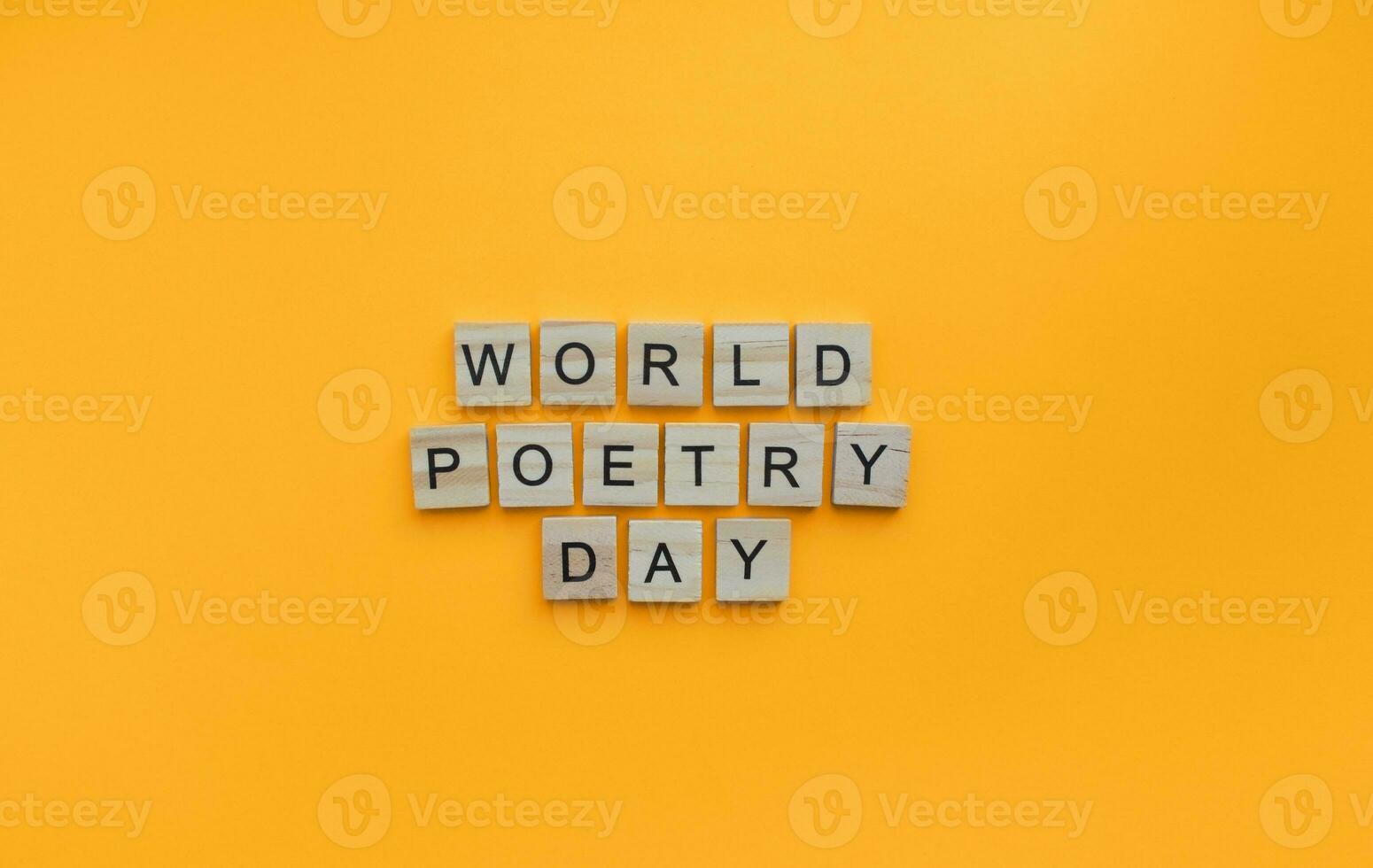 March 21, World Poetry Day, minimalistic banner with wooden lettering photo