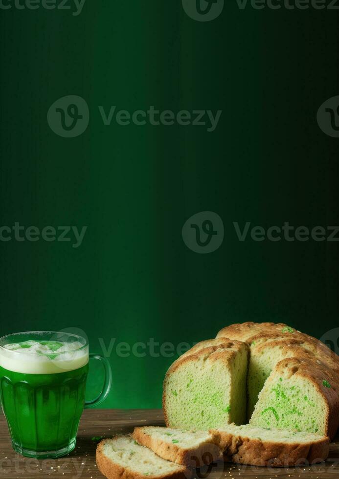 AI generated vertical banner, St. Patricks Day, traditional treats, Irish Soda Bread and green beer, place for text photo