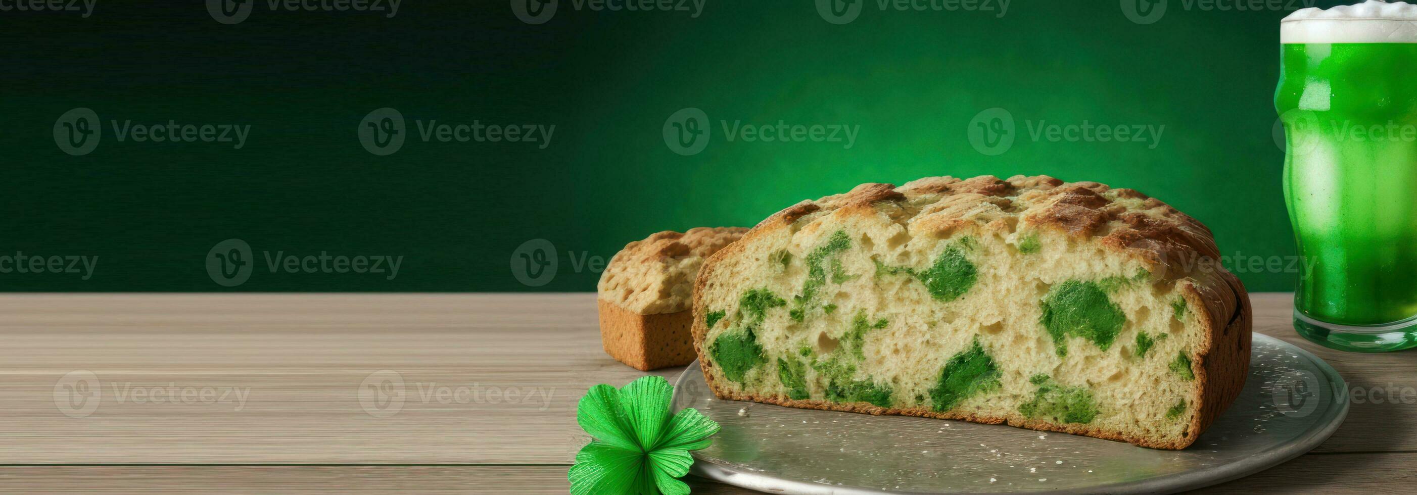 AI generated horizontal banner, St. Patricks Day, traditional treats, Irish Soda Bread and green beer, place for text photo