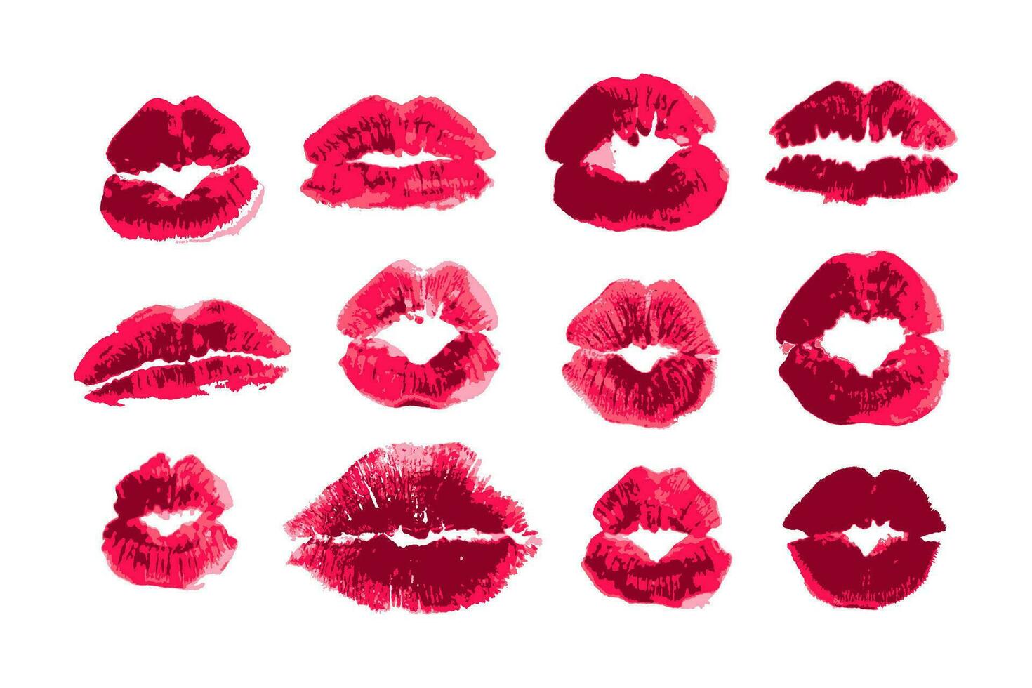 Female lips lipstick kiss print set. Woman lipstick red kiss marks, different shape prints. Vector Isolated on white