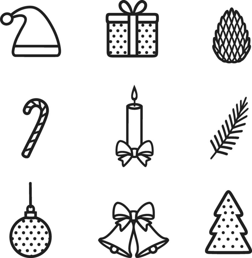 Navidad diseño elementos línea icono. cascabeleo campanas con arco, pelota, abeto árbol, regalo caja, gorra, cono, caramelo caña, vela. fiesta accesorios colocar. contento nuevo año vector ilustración.
