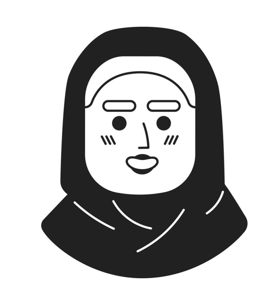 adulto turco mujer Pañuelo negro y blanco 2d vector avatar ilustración. alegre dama contorno dibujos animados personaje cara aislado. turco cultura, religioso hijab plano usuario perfil imagen, retrato