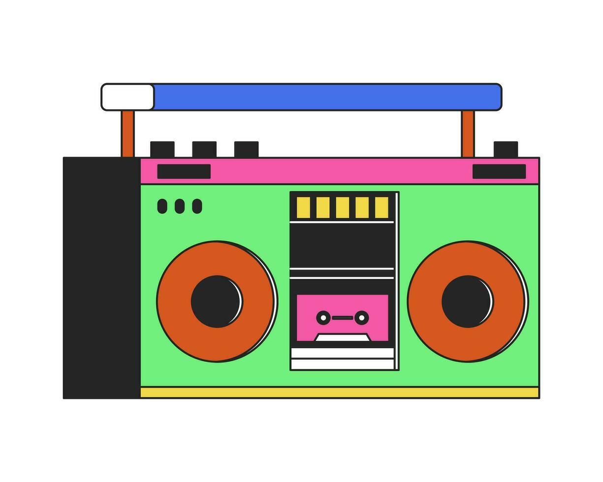 1980s cassette boombox 2D linear cartoon object. Tape audio electronics isolated line vector element white background. Music equipment. 80s boom box entertainment color flat spot illustration