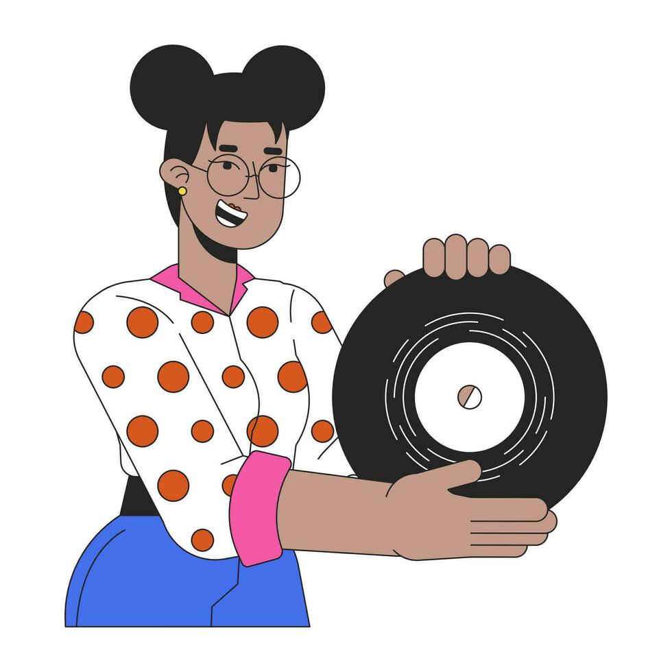 African american girl showing vinyl record 2D linear cartoon character. Gen z black woman retro music lover isolated line vector person white background. Nostalgia hobby color flat spot illustration