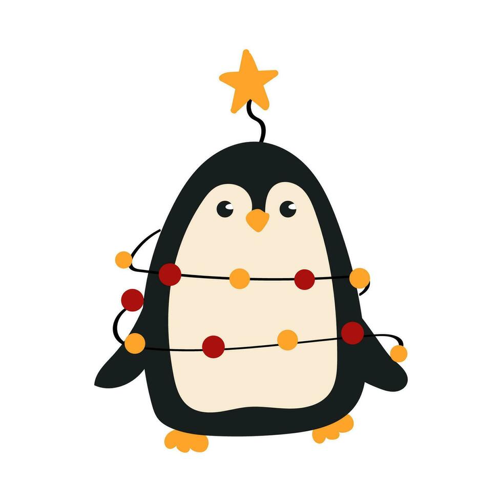 Cute cartoon style penguin rolled in Christmas lights. vector