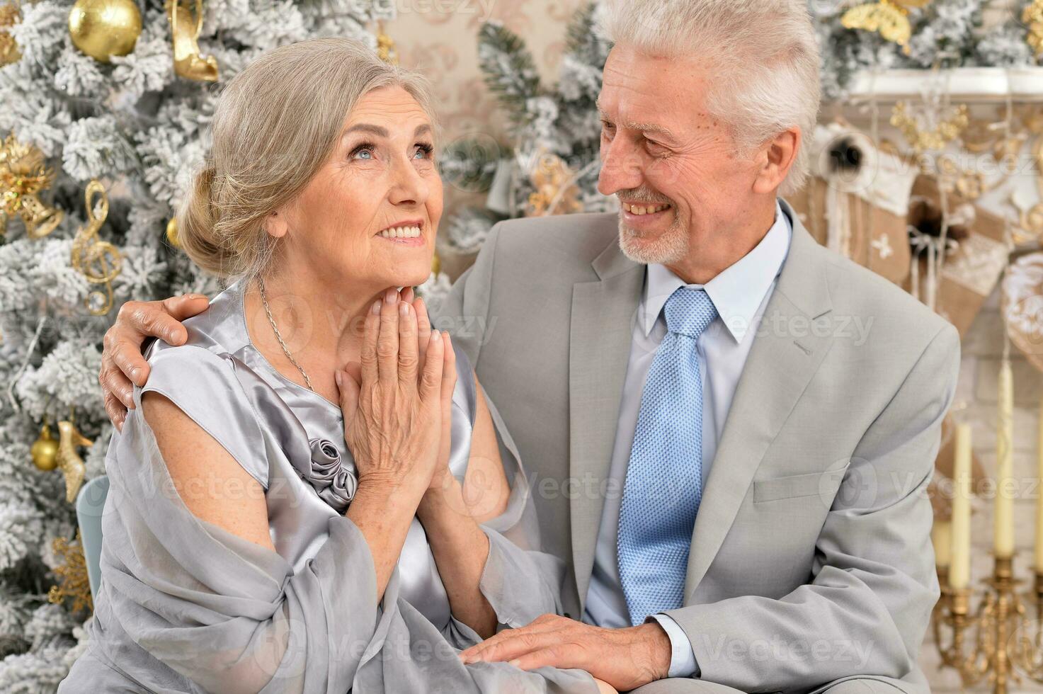 Hugging senior couple smile on blurred background photo
