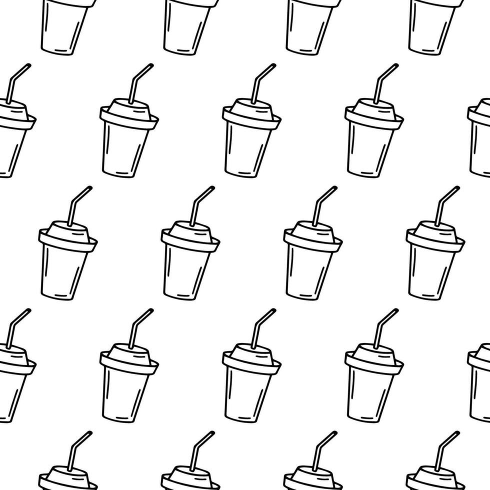 Hand drawn seamless pattern with glass of coffee, chocolate, cocoa, americano or cappuccino isolated on white background. Doodle glassful icon. Drink wrap with tube. Adult and kids coloring page vector