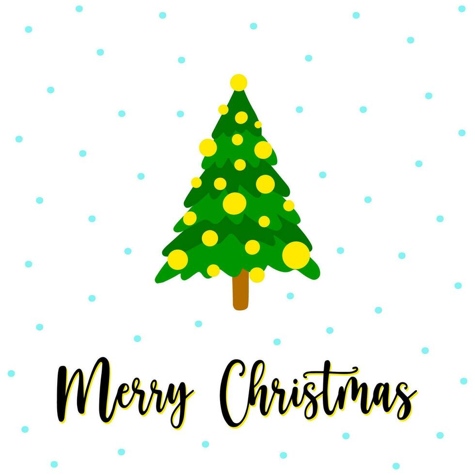 Christmas spruce greeting card with Merry Christmas lettering. Hand drawn green Christmas spruce and yellow garlands on greeting card. Doodle Christmas spruce with snowfall greeting card flyer vector