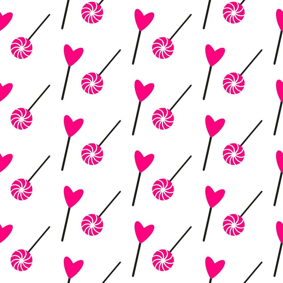 Heart shape lollipop and swirls lollipop seamless pattern. Hand drawn sweet lollipops for Valentine day. Wrap with heart shape lollipop icon on seamless pattern for Valentine day, New Year, Easter vector