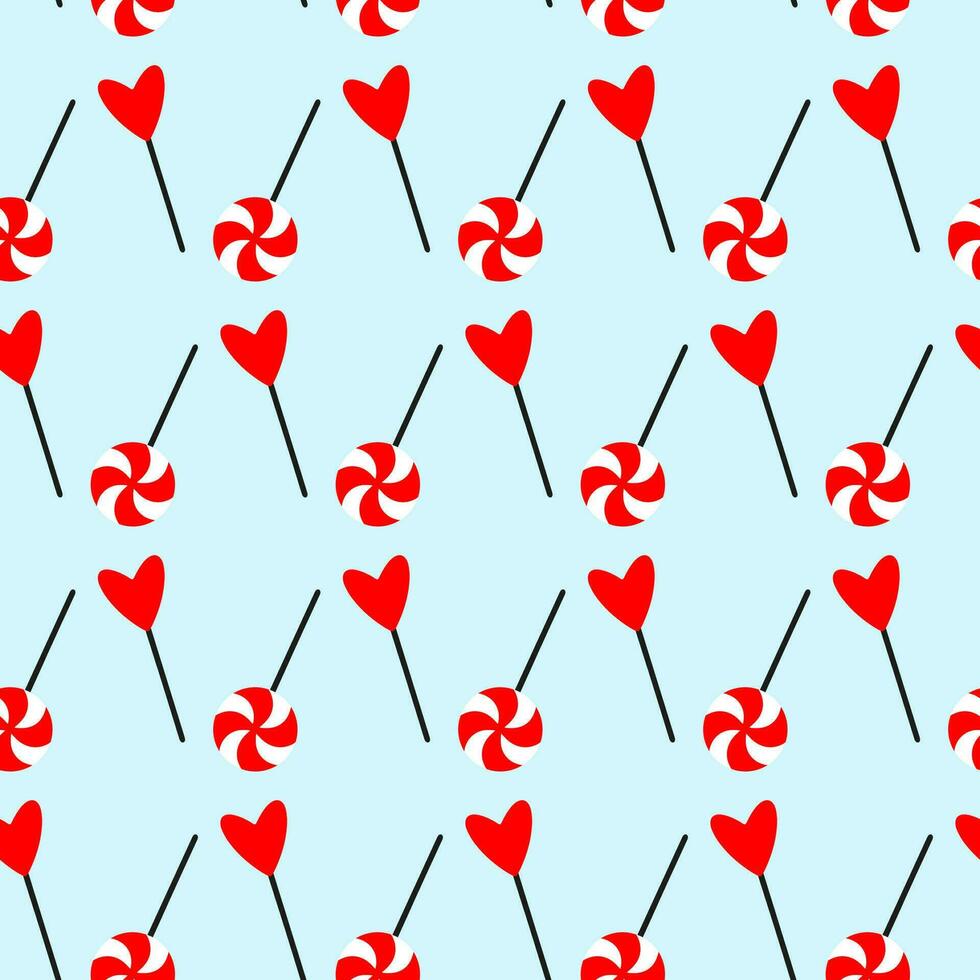 Red lollipops seamless pattern for Valentine day. Doodle pattern wrap for Valentine day with heart lollipop. Doodle lollipops icons on wrap for Valentine day, Xmas, Easter. Doodle heart lollipop wrap vector