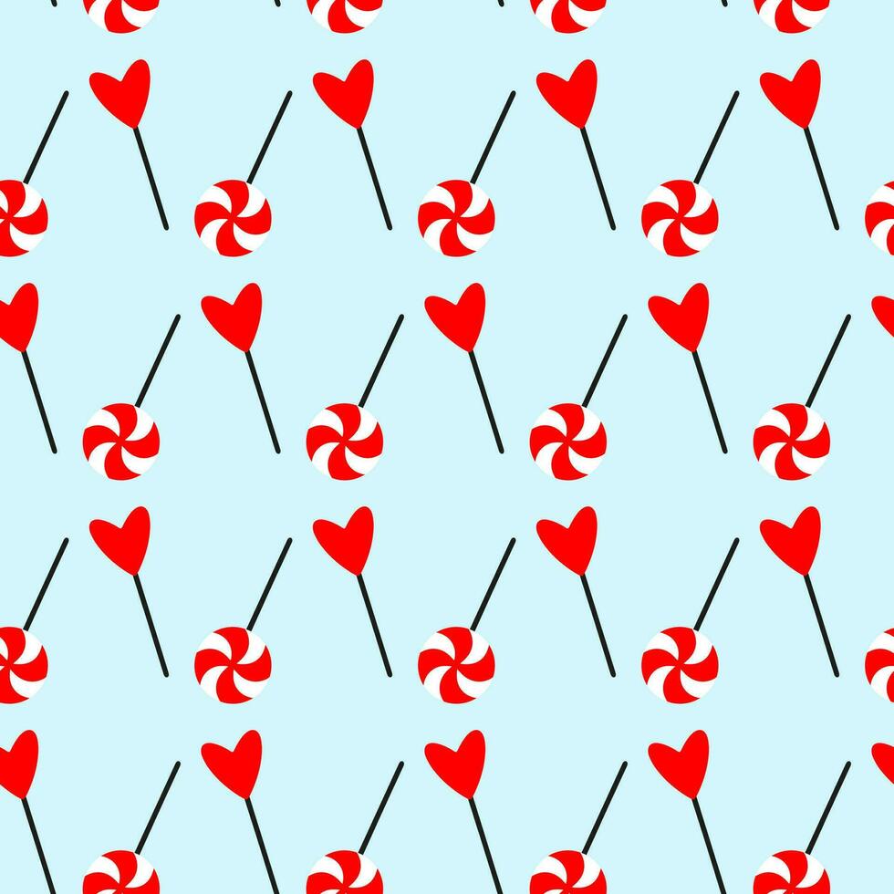 Red lollipops seamless pattern for Valentine day. Doodle pattern wrap for Valentine day with heart lollipop. Doodle lollipops icons on wrap for Valentine day, Xmas, Easter. Doodle heart lollipop wrap vector