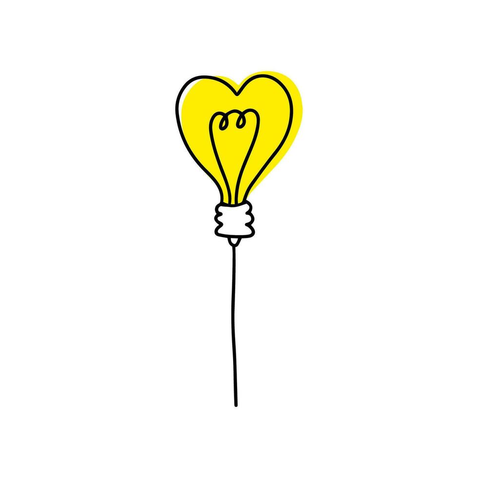 Hand drawn light bulb in heart shape shine with love. Cute doodle light bulb heart with tungsten