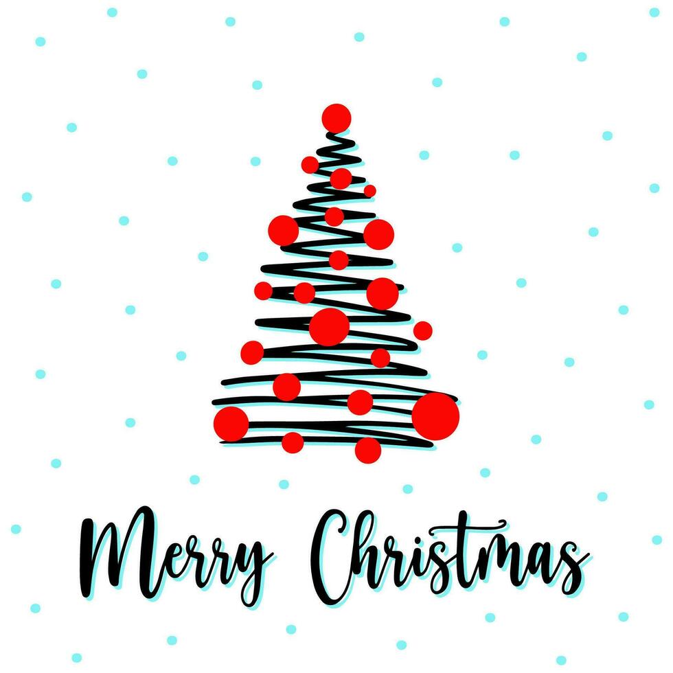 zigzag conformado Navidad árbol saludo tarjeta con alegre Navidad letras. contorno lineal zigzag Navidad árbol con rojo guirnalda y nevada. zigzag Delgado línea Navidad árbol en minimalista estilo zigzag vector