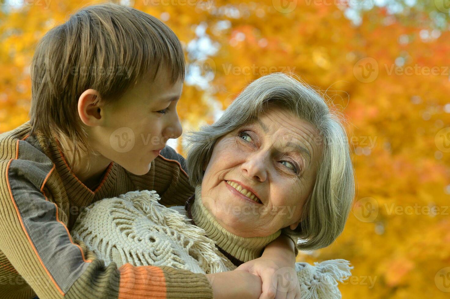 Grandmother with boy in the autumn park photo