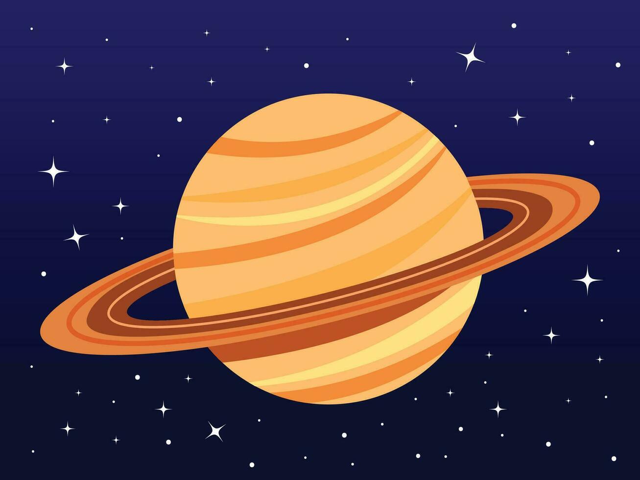 Saturn planet vector illustration isolated on dark sky with stars background. Saturnus planet with ring. Simple flat cartoon art styled astronomy themed drawing.