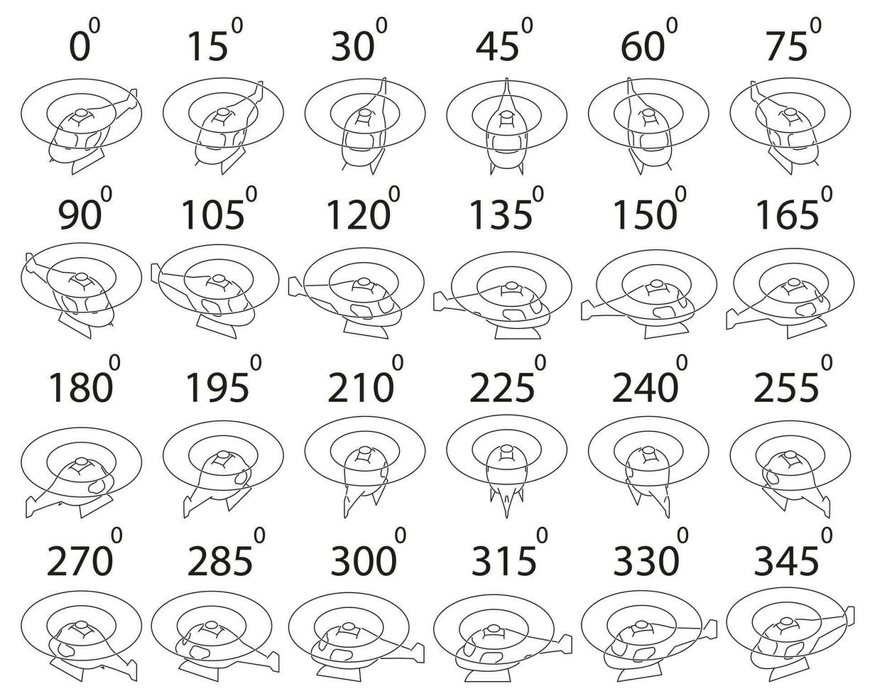 A set of 24 helicopters in outline from different angles. vector