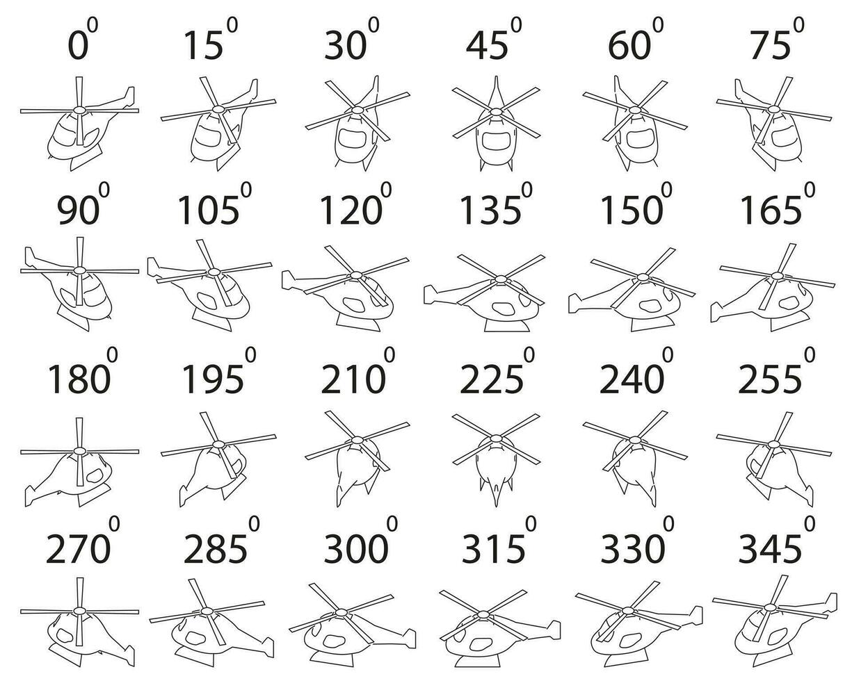 un conjunto de 24 helicópteros en contorno desde diferente anglos. vector