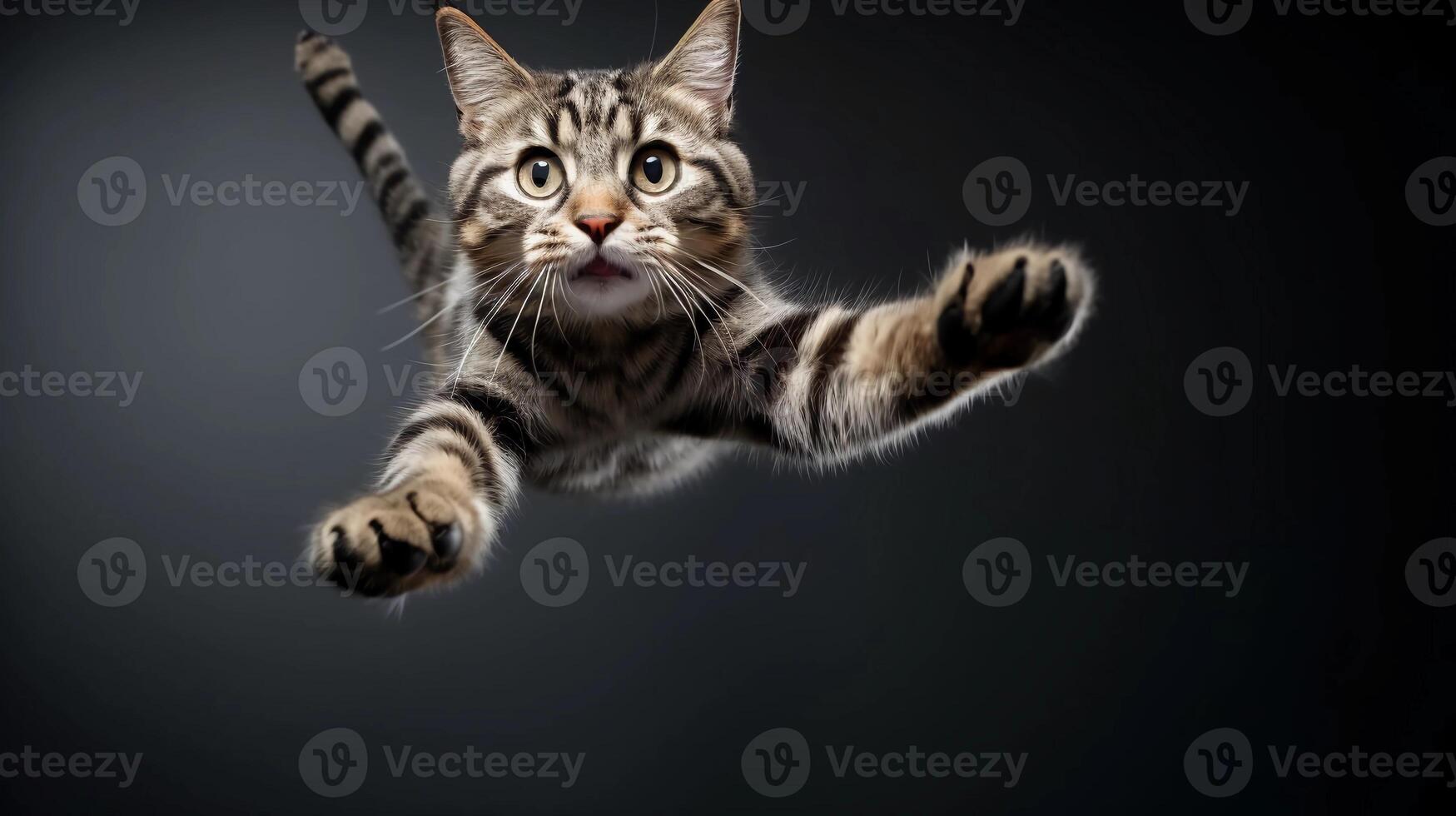 AI generated reality photo of cute flying cats. photo of a cute cat jumping in the air