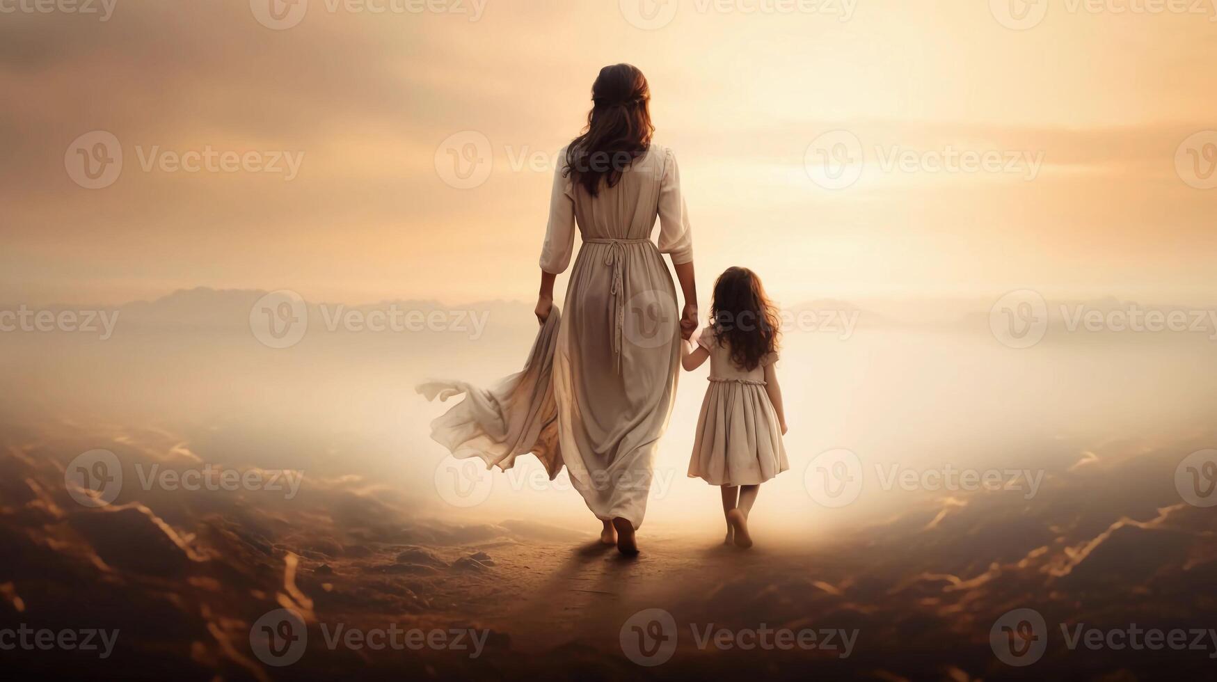 AI generated reality photo Mother and daughter walking hand in hand in the afternoon