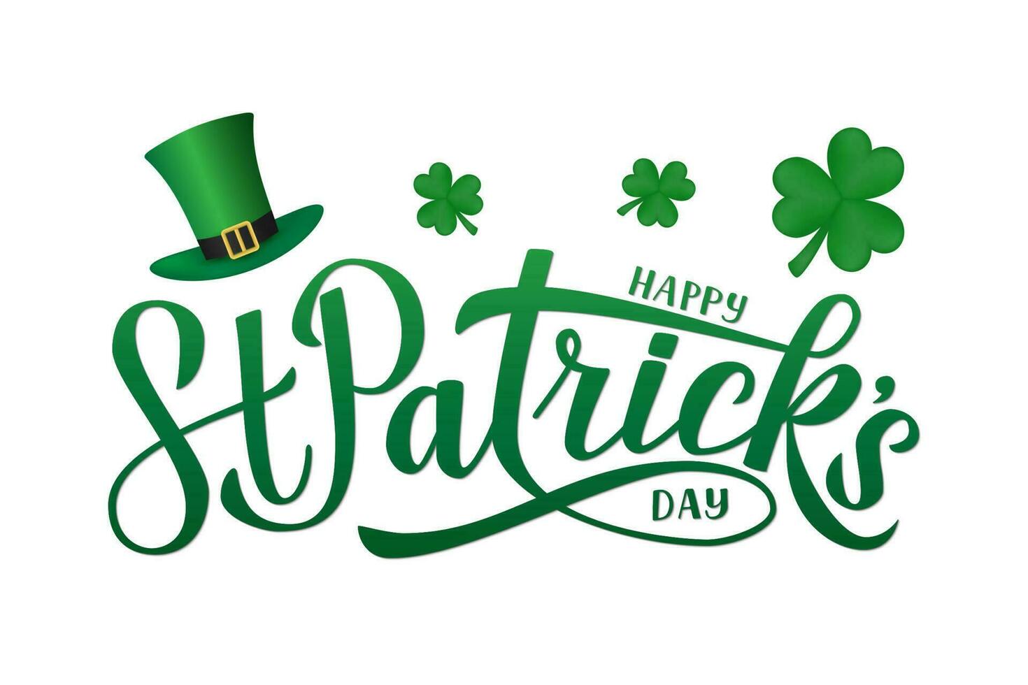 Happy St. Patricks day calligraphy hand lettering, Leprechaun hat and clover. Saint Patricks day greeting card. Easy to edit vector template for party invitation, banner, poster, flyer, postcard