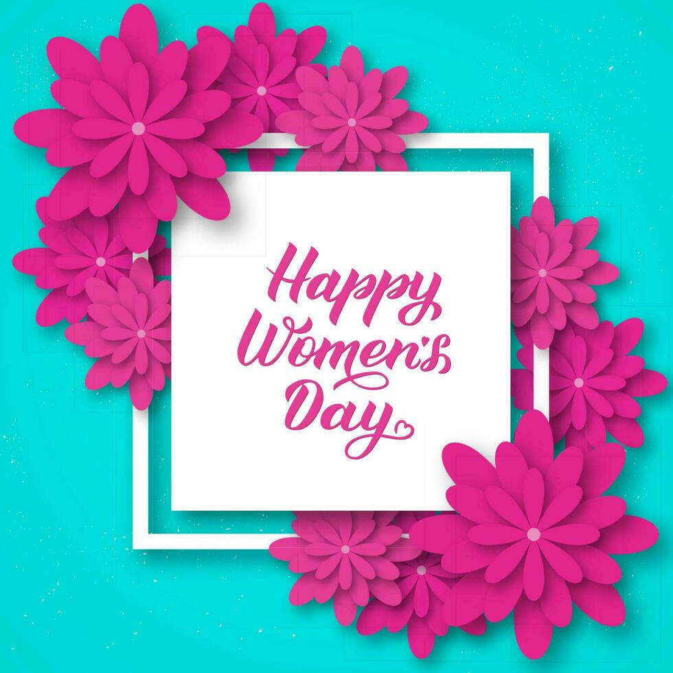 Happy Womens Day calligraphy lettering with origami flowers. Paper cut style vector illustration. Floral international womens day poster, banner, party invitations, greeting cards, etc