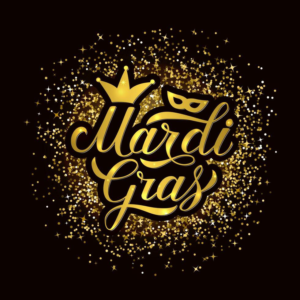 Mardi Gras calligraphy hand lettering on shiny gold glitter background. Traditional carnival New Orleans. Fat or Shrove Tuesday poster. Vector template for banner, flyer, party invitation.