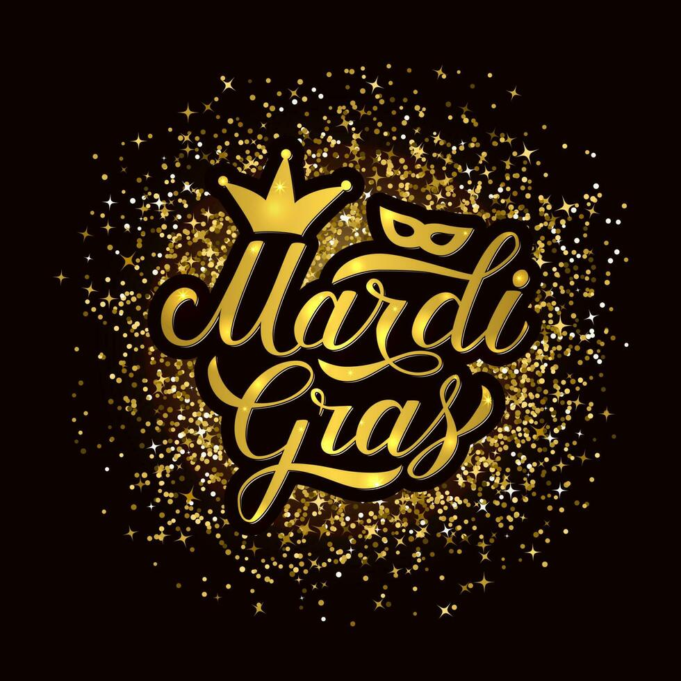 mardi gras caligrafía mano letras en brillante oro Brillantina antecedentes. tradicional carnaval nuevo orleáns. grasa o carnaval martes póster. vector modelo para bandera, volantes, fiesta invitación.