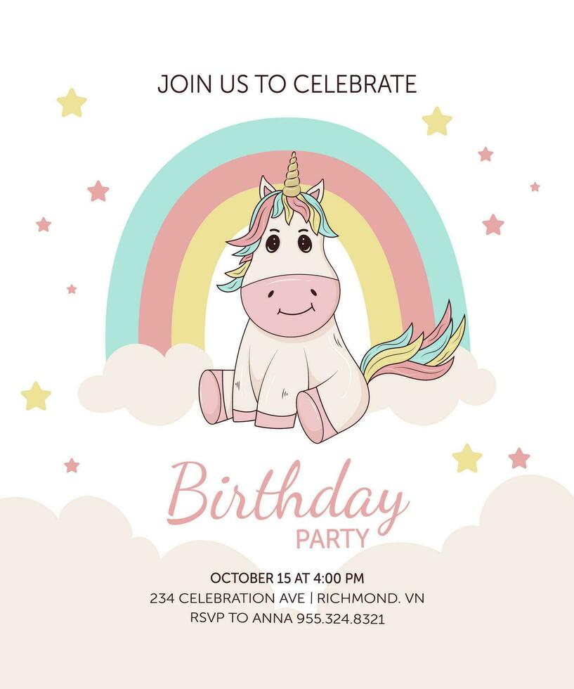 Birthday invitation card with rainbows, clouds, and hearts vector