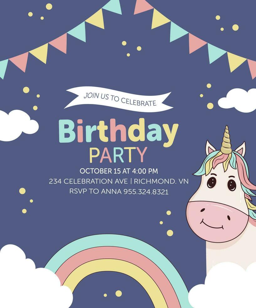 Blue Birthday invitation card template with unicorn and clouds vector