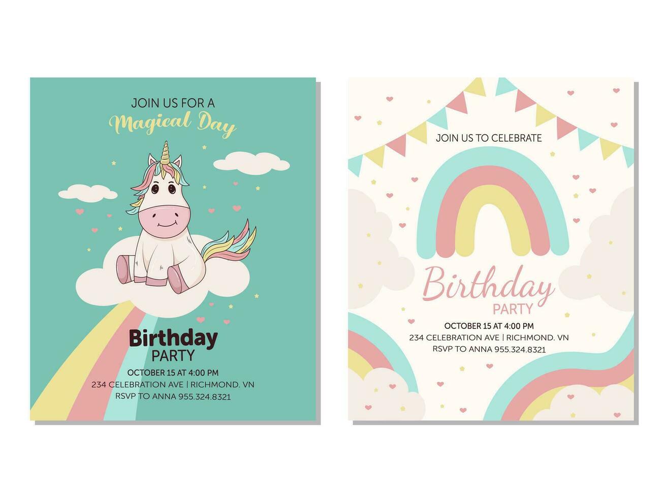 Birthday invitation card set with unicorn, rainbows, and clouds. vector