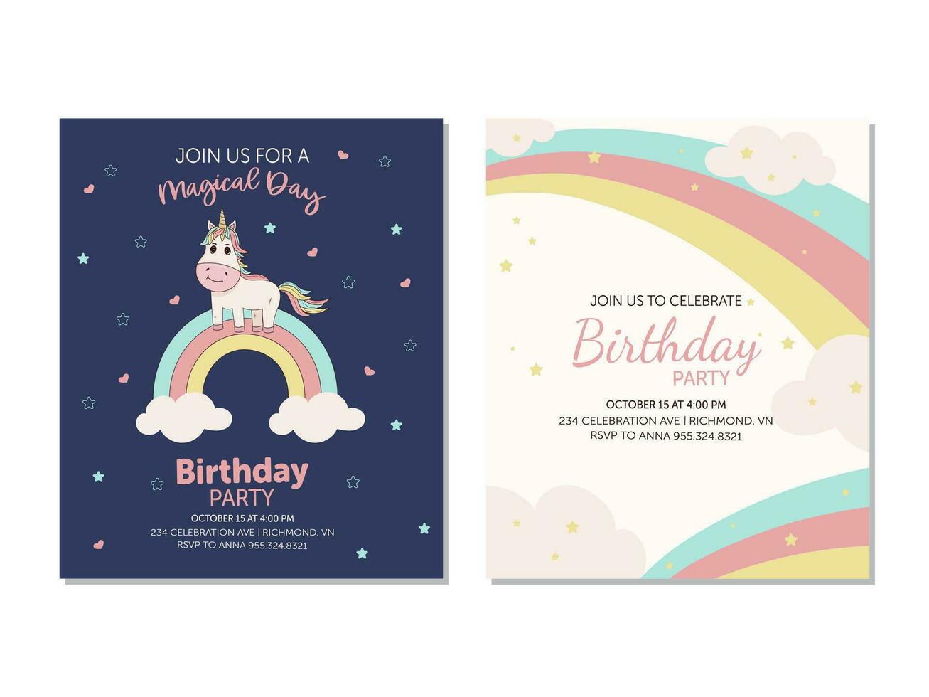 Birthday party invitation card set with baby unicorn. vector