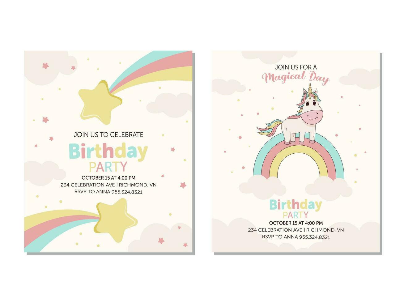 Birthday invitation card set with unicorn, rainbows, and stars. vector