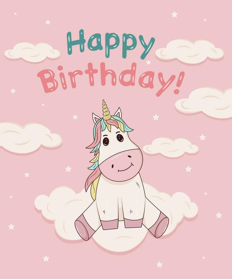 Pink Happy Birthday card with unicorn. vector