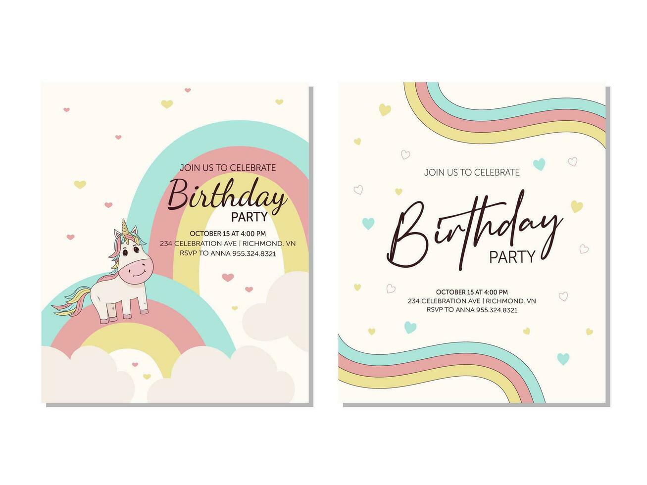 Birthday party invitation card set with unicorn and rainbows. vector