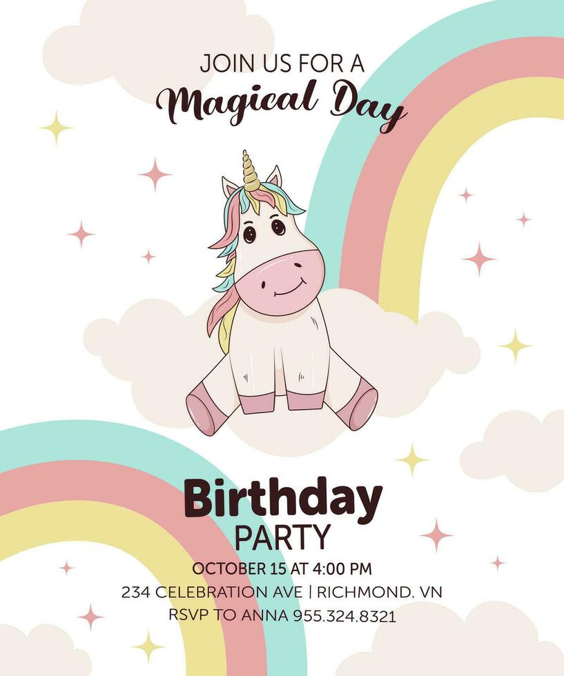 Birthday party invitation card template with a unicorn. vector