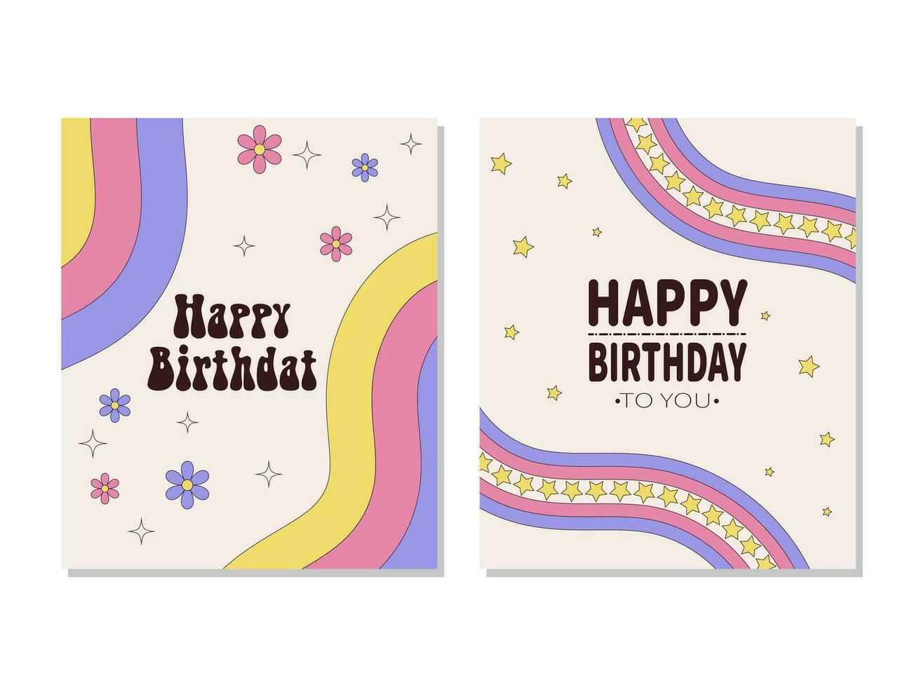 Happy Birthday card set with rainbows in groovy style vector