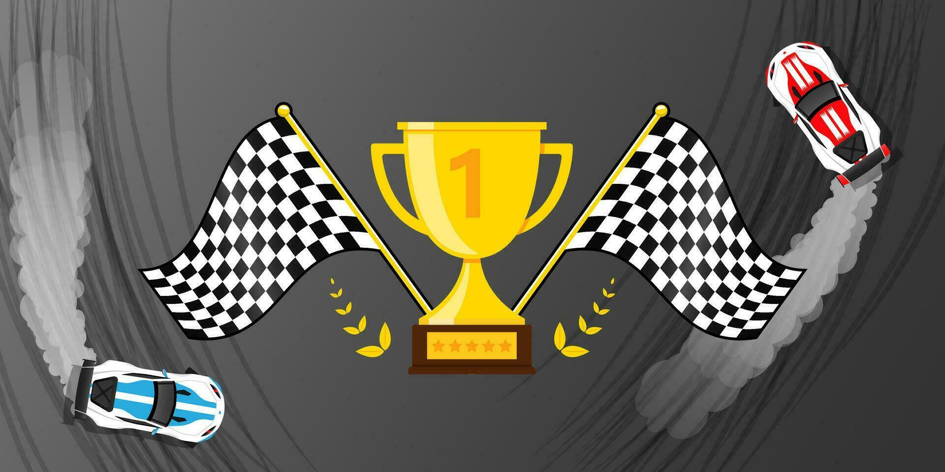 Gold Trophy flags racing championship background drifting cars vector