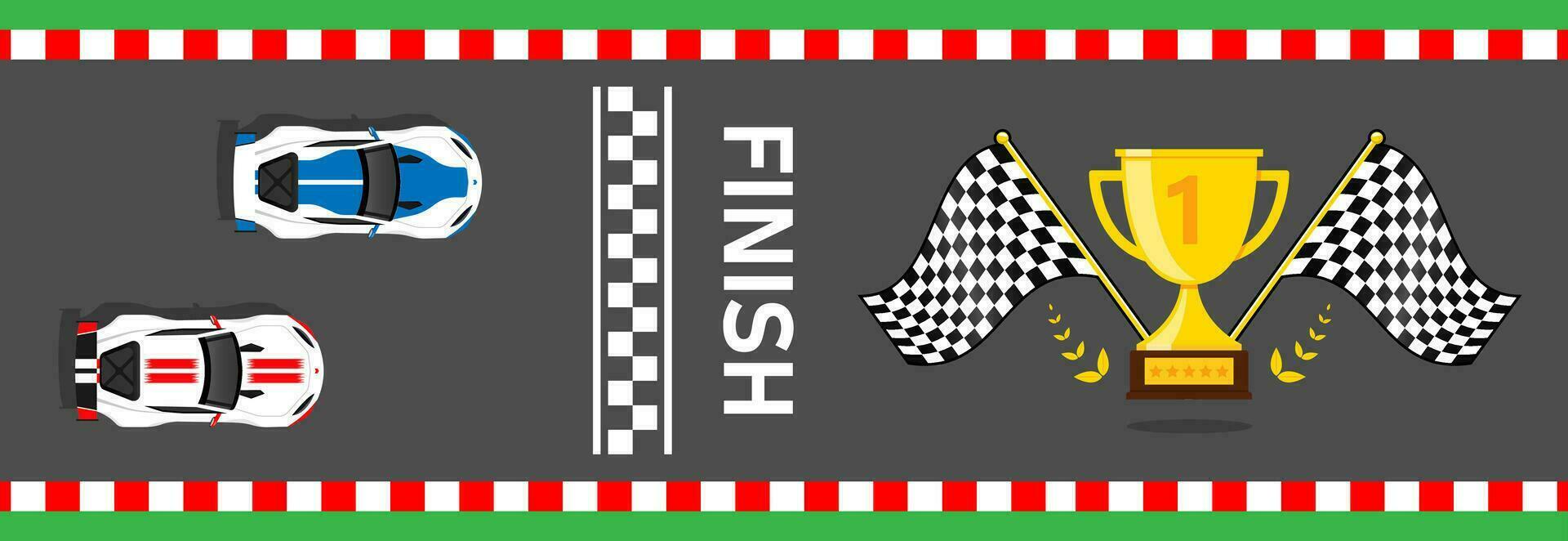 Racing cars at finish line trophy win racing flags wave vector