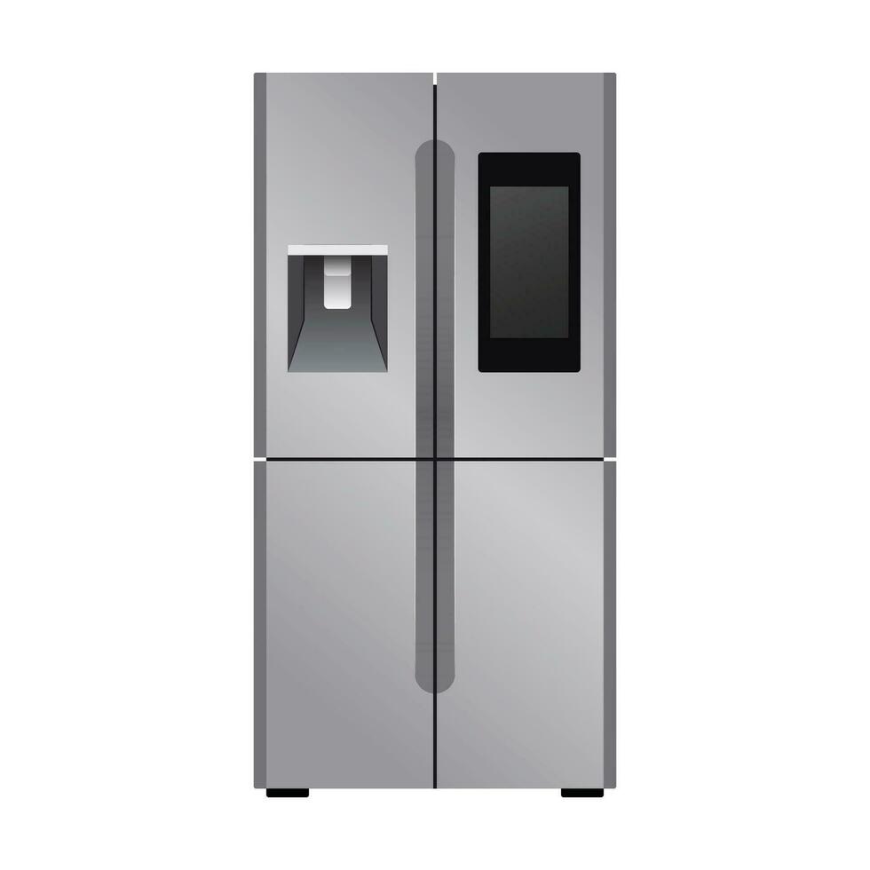 Modern Fridge Freezer refrigerator in silver color. Household tech and appliances. Vector Illustration isolated on white background.