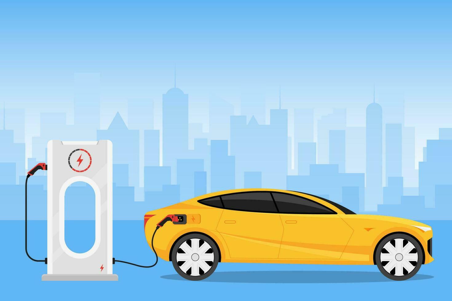 Electric car charging at the charger station Vector Illustration
