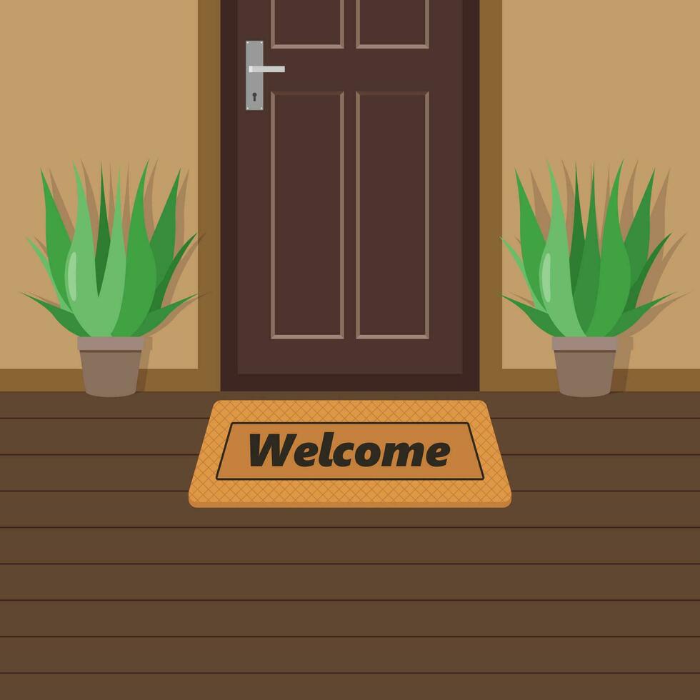 Bienvenido en el estera felpudo antes de un puerta. vector ilustración