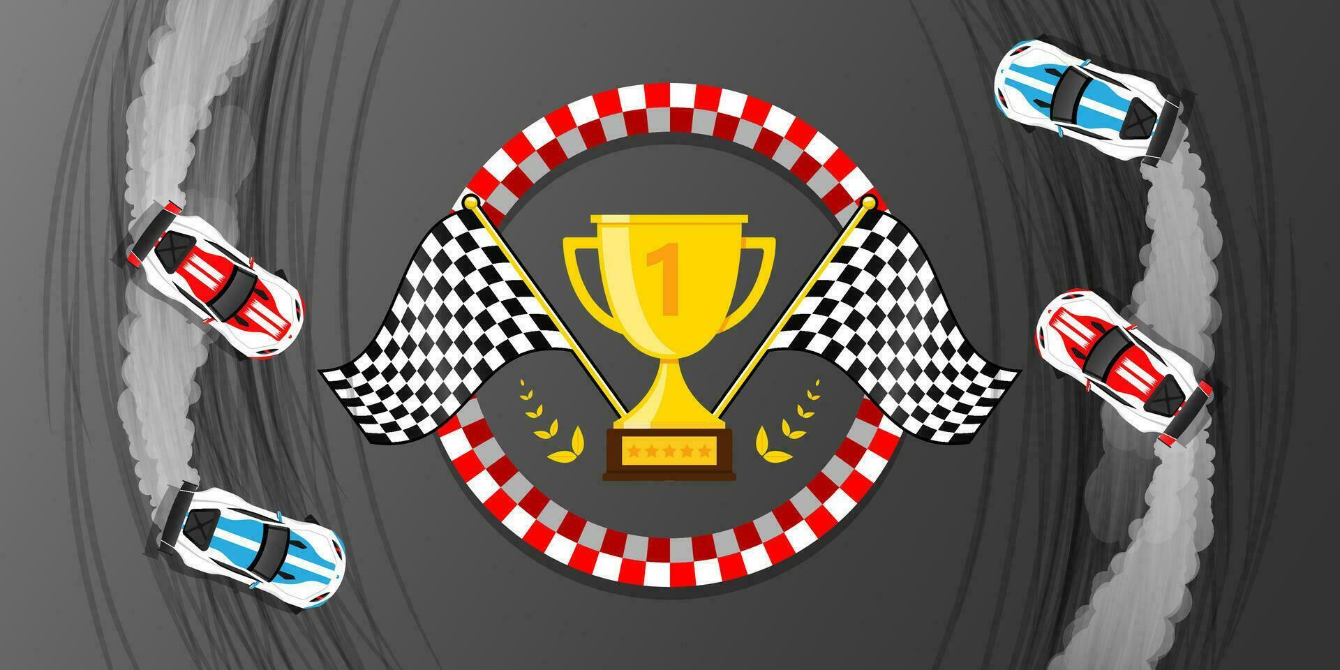 Gold Trophy flags racing championship background drifting cars vector