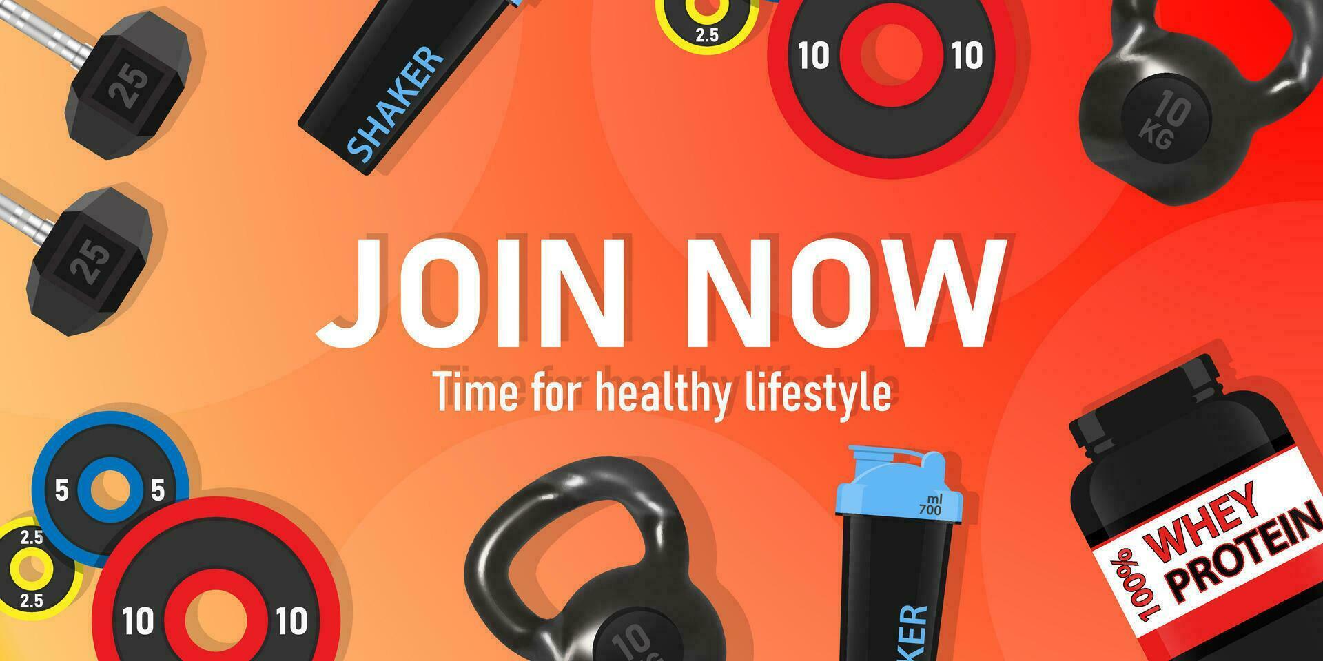 Fitness club ads Join now Protein shaker dumbbell vector illustration
