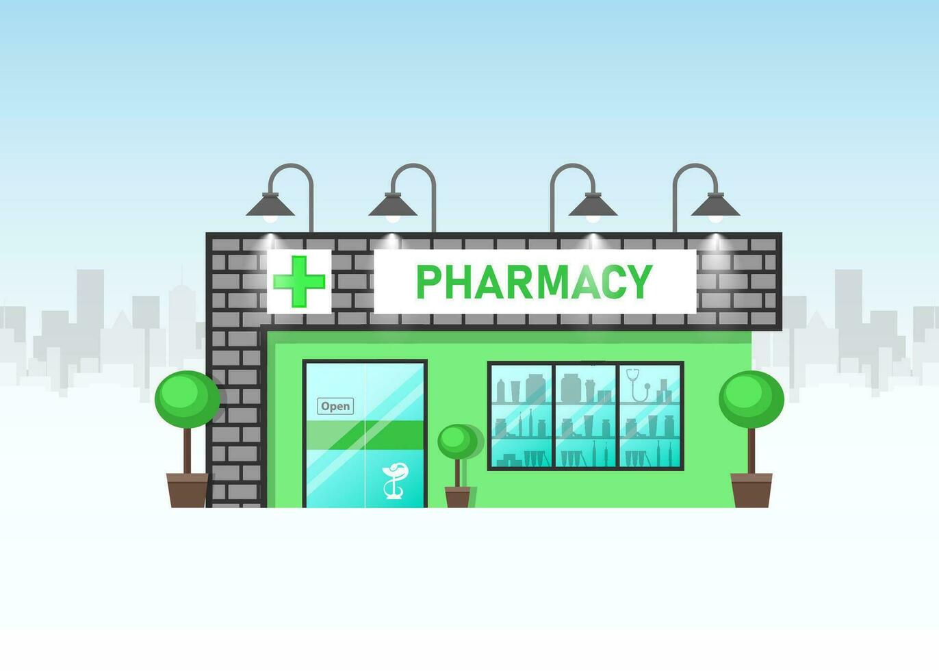 Pharmacy store medicine building vector illustration