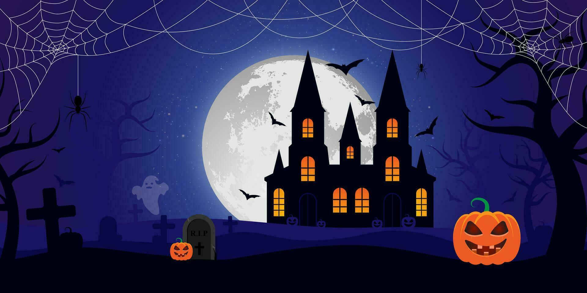 Happy Halloween banner or party invitation background with full moon castle bats cross pumpkins spiders ghost vector flat illustration